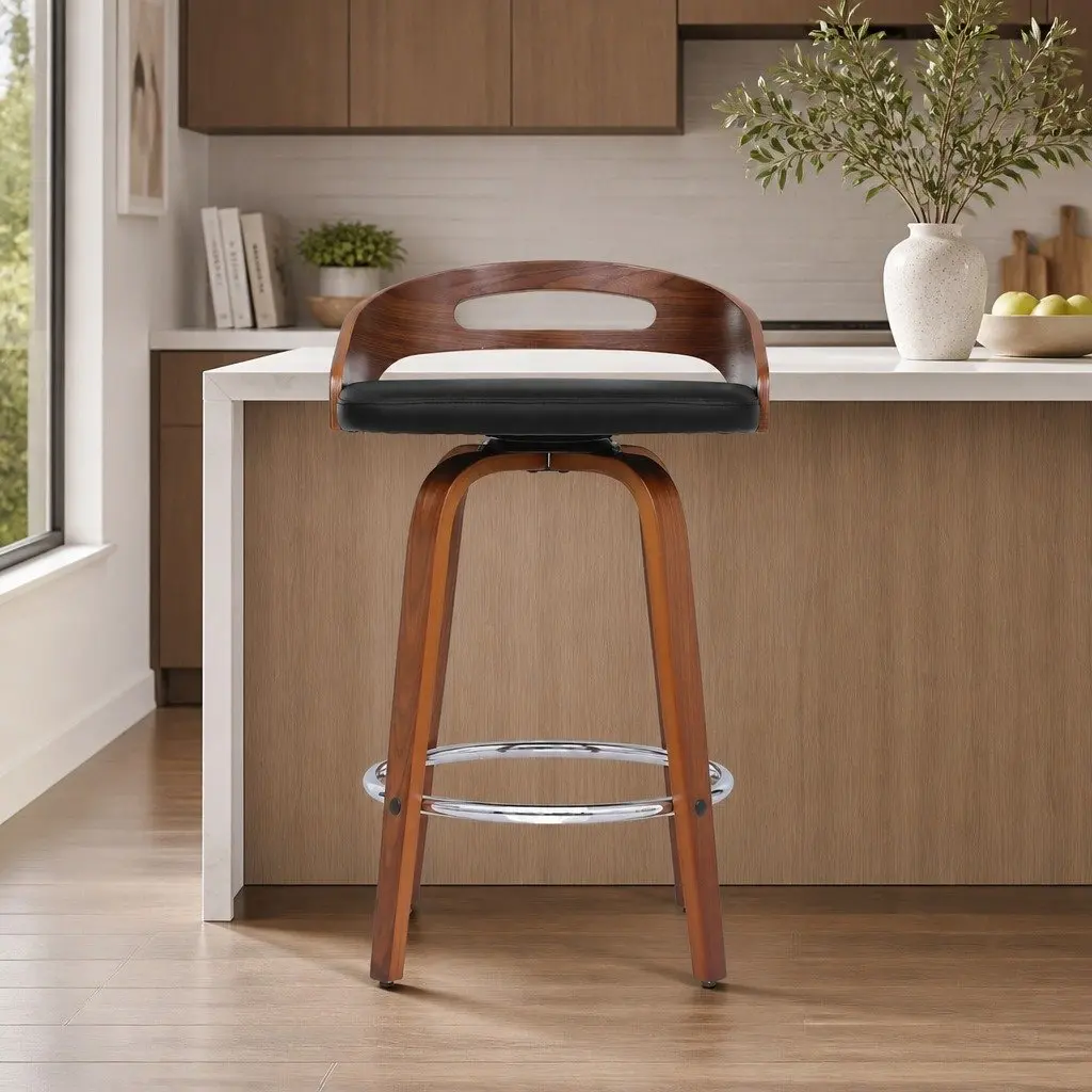 Bar Stools Swivel Dining Chairs Low Back Counter Seat PU Cushion Black Set of 4
