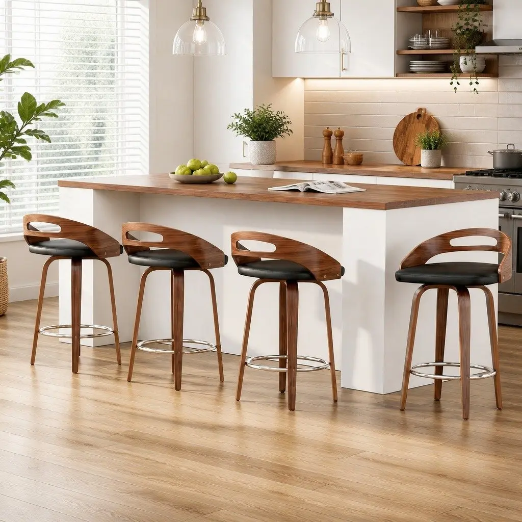 Bar Stools Swivel Dining Chairs Low Back Counter Seat PU Cushion Black Set of 4
