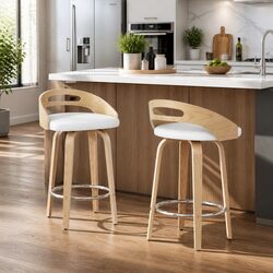Comfortable Swivel Bar Stools with Low Back in White - Set of 2