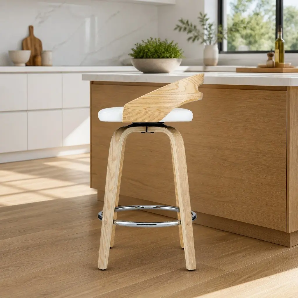 Bar Stools Swivel Dining Chairs Low Back Counter Seat PU Cushion White 2 Piece