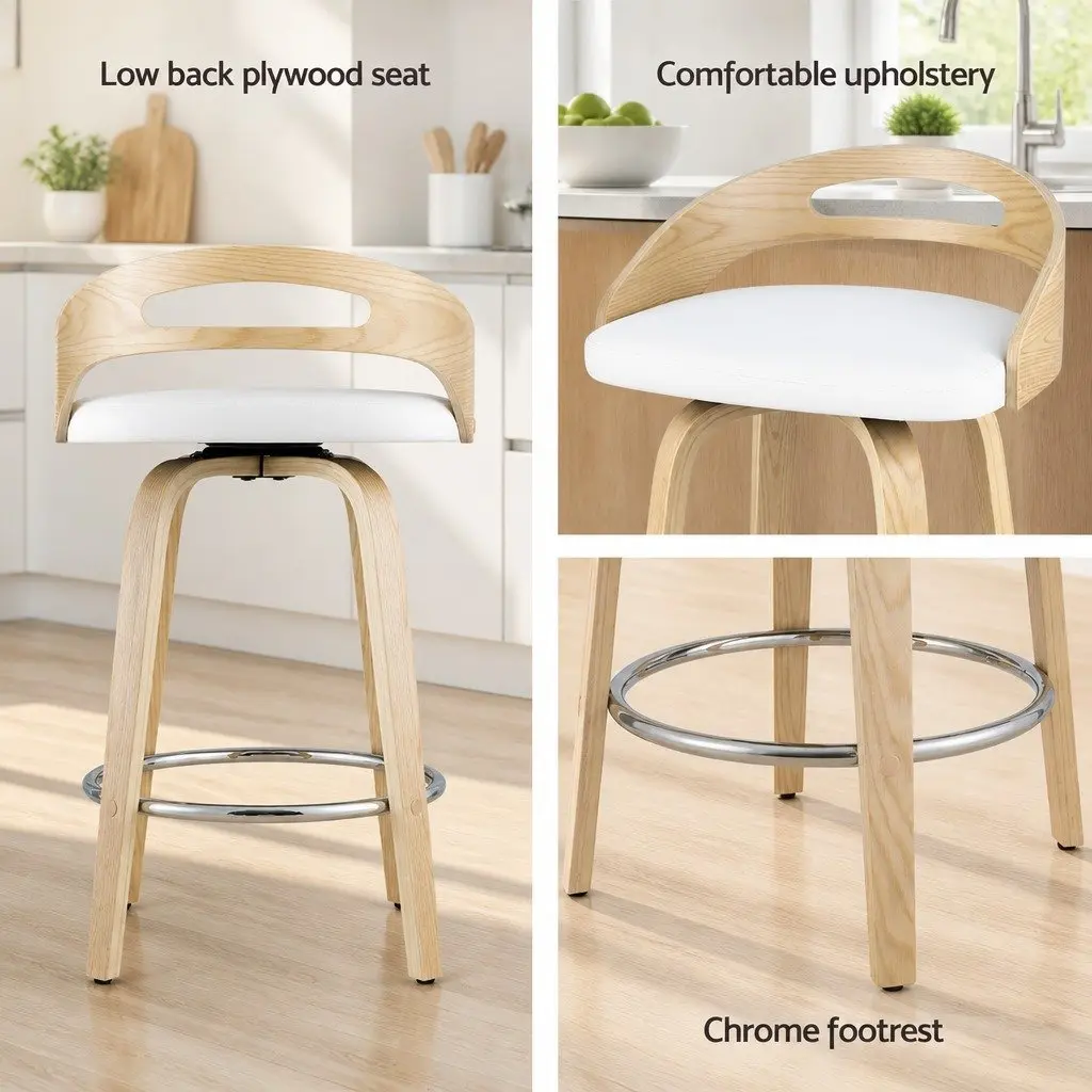 Bar Stools Swivel Dining Chairs Low Back Counter Seat PU Cushion White 2 Piece