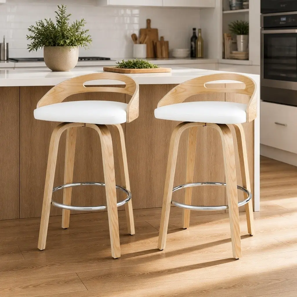 Bar Stools Swivel Dining Chairs Low Back Counter Seat PU Cushion White 2 Piece