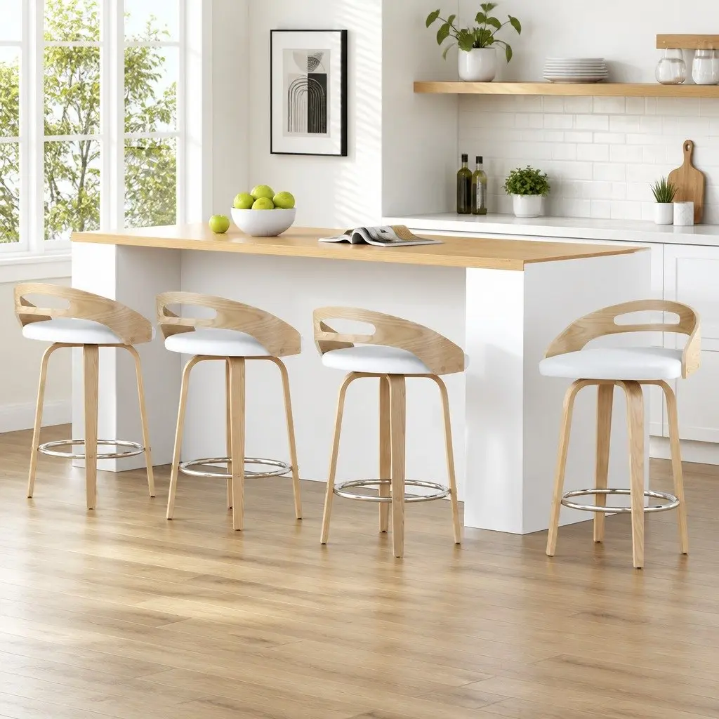 Bar Stools Swivel Low Back Counter Seat 4 Piece PU Cushion White