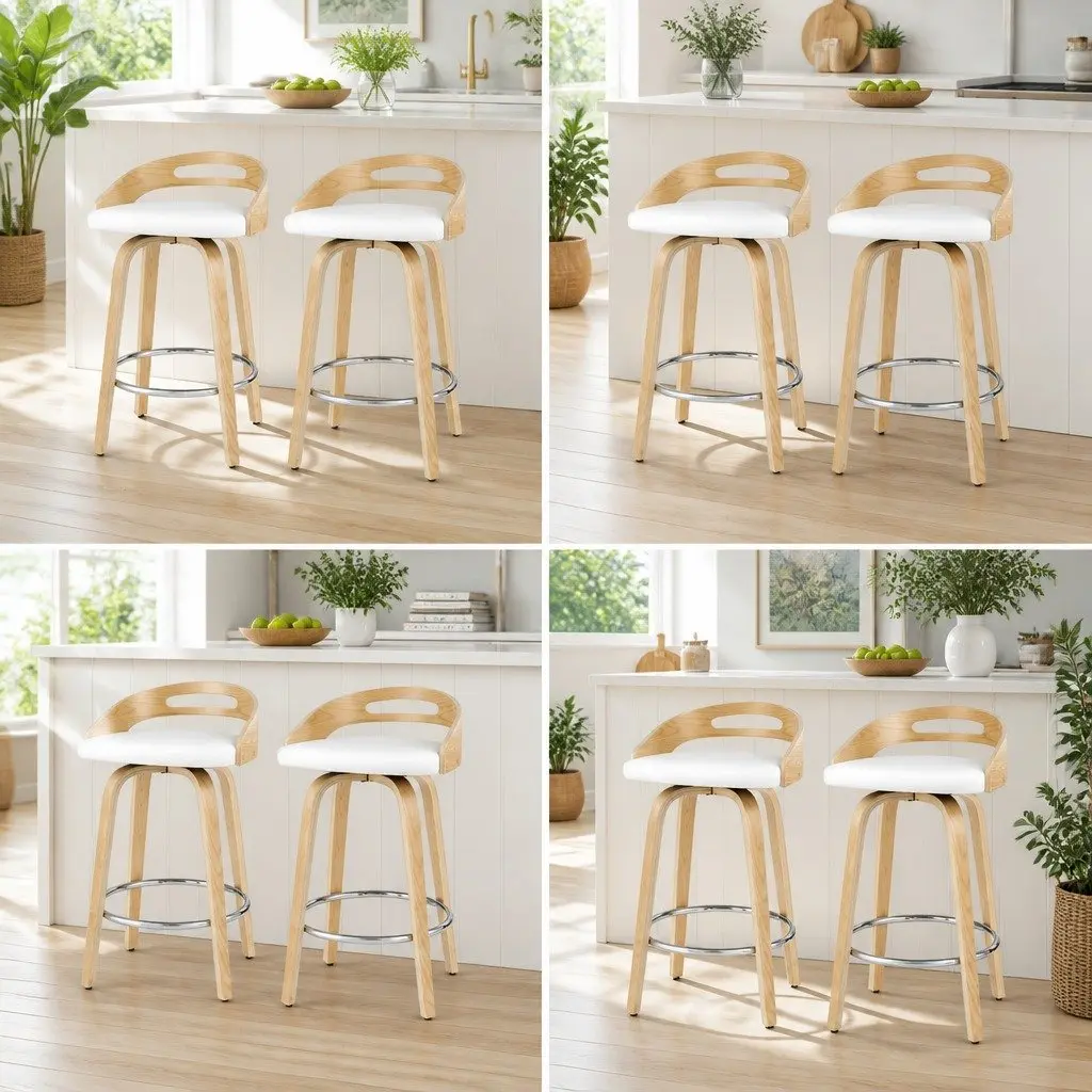 Bar Stools Swivel Low Back Counter Seat 4 Piece PU Cushion White