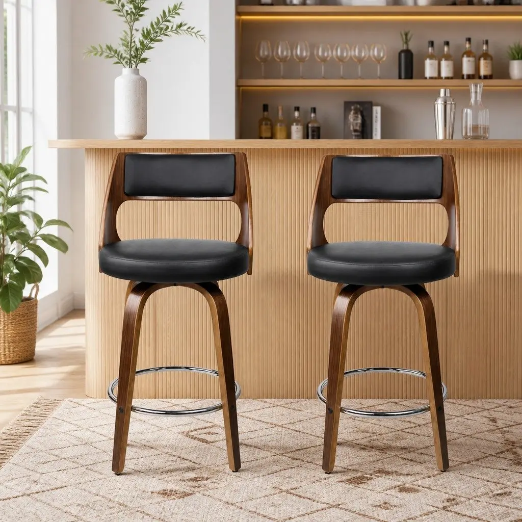 Bar Stools Swivel Chair Black PU Leather Seat Walnut Legs 92cm Height