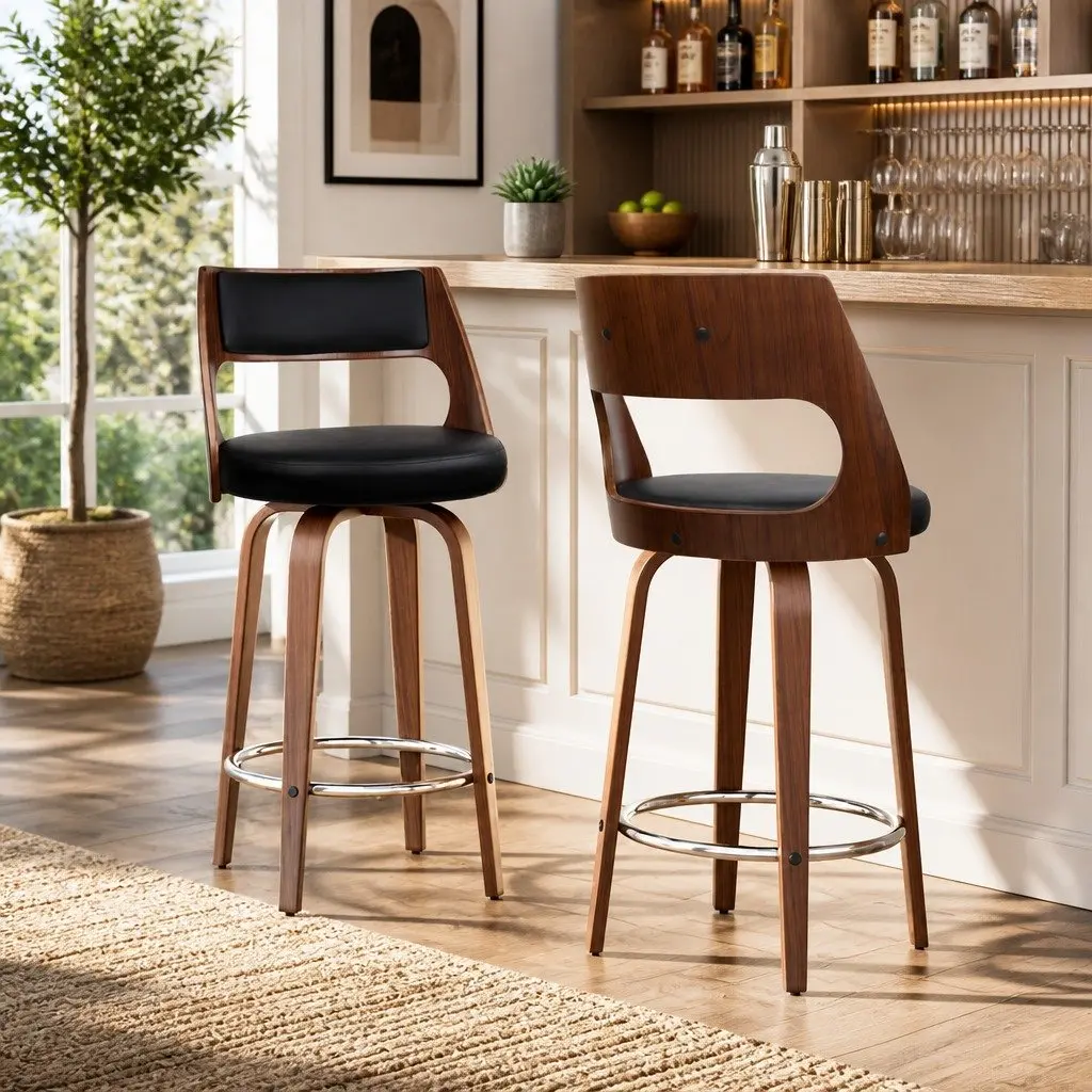 Bar Stools Swivel Chair Black PU Leather Seat Walnut Legs 92cm Height