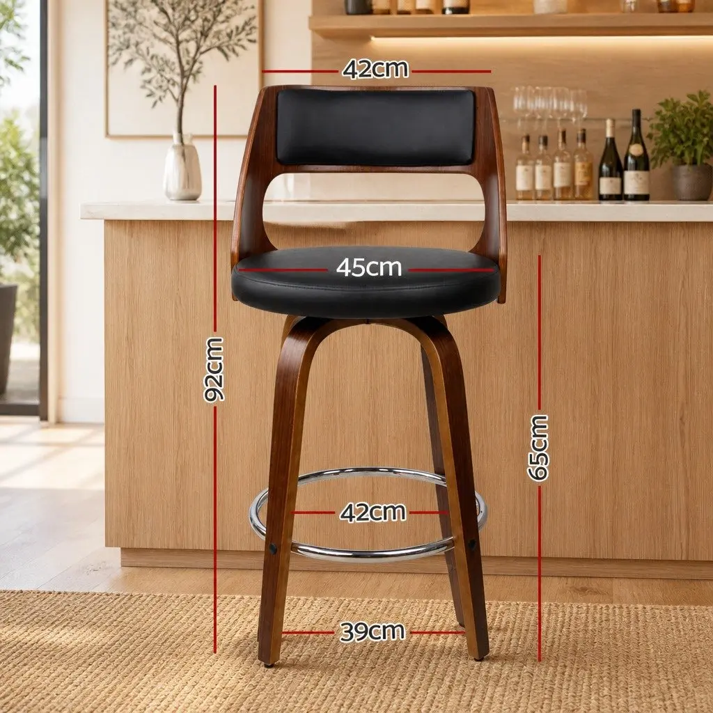 Bar Stools Swivel Chair Black PU Leather Seat Walnut Legs 92cm Height