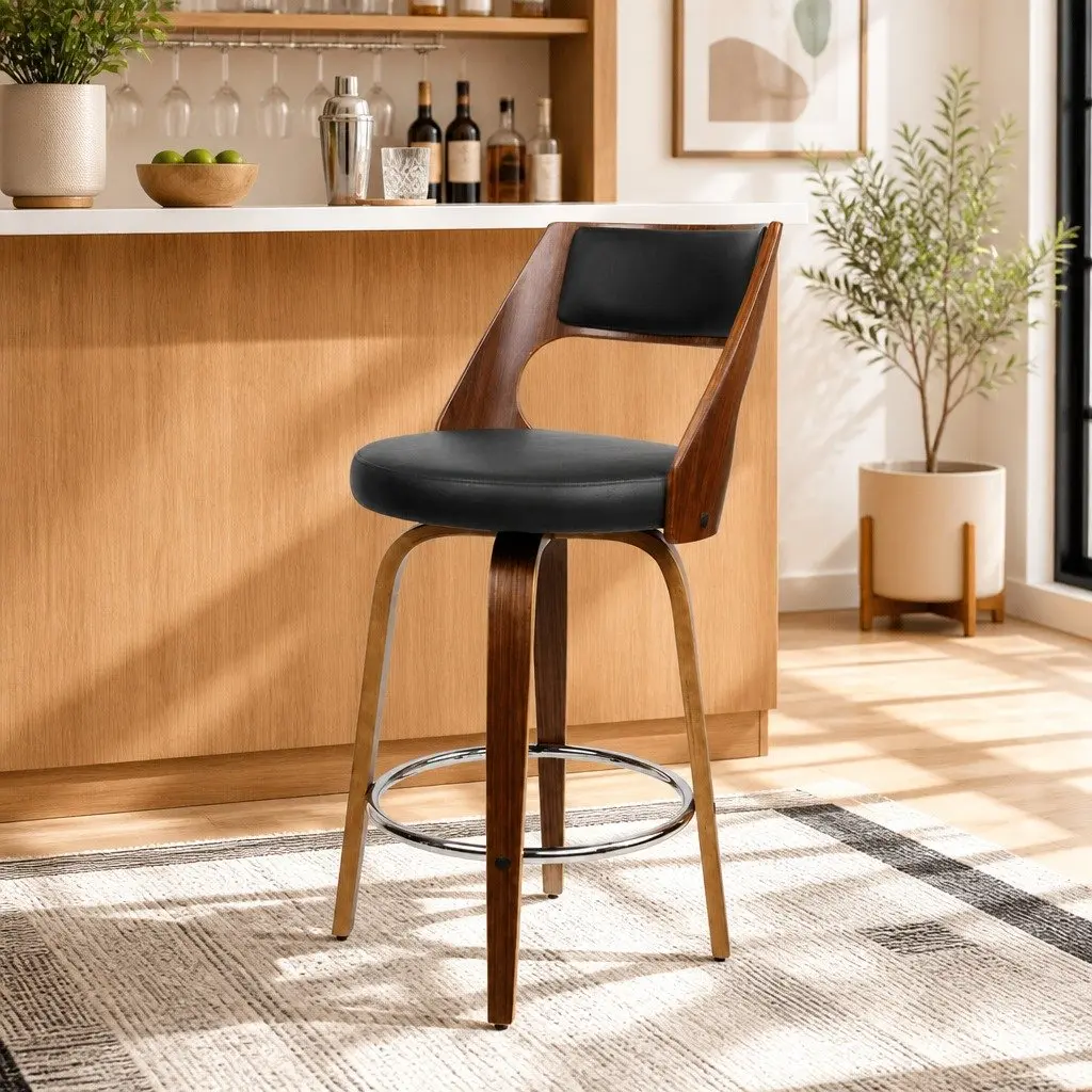Bar Stools Swivel Chair Black PU Leather Seat Walnut Legs 92cm Height