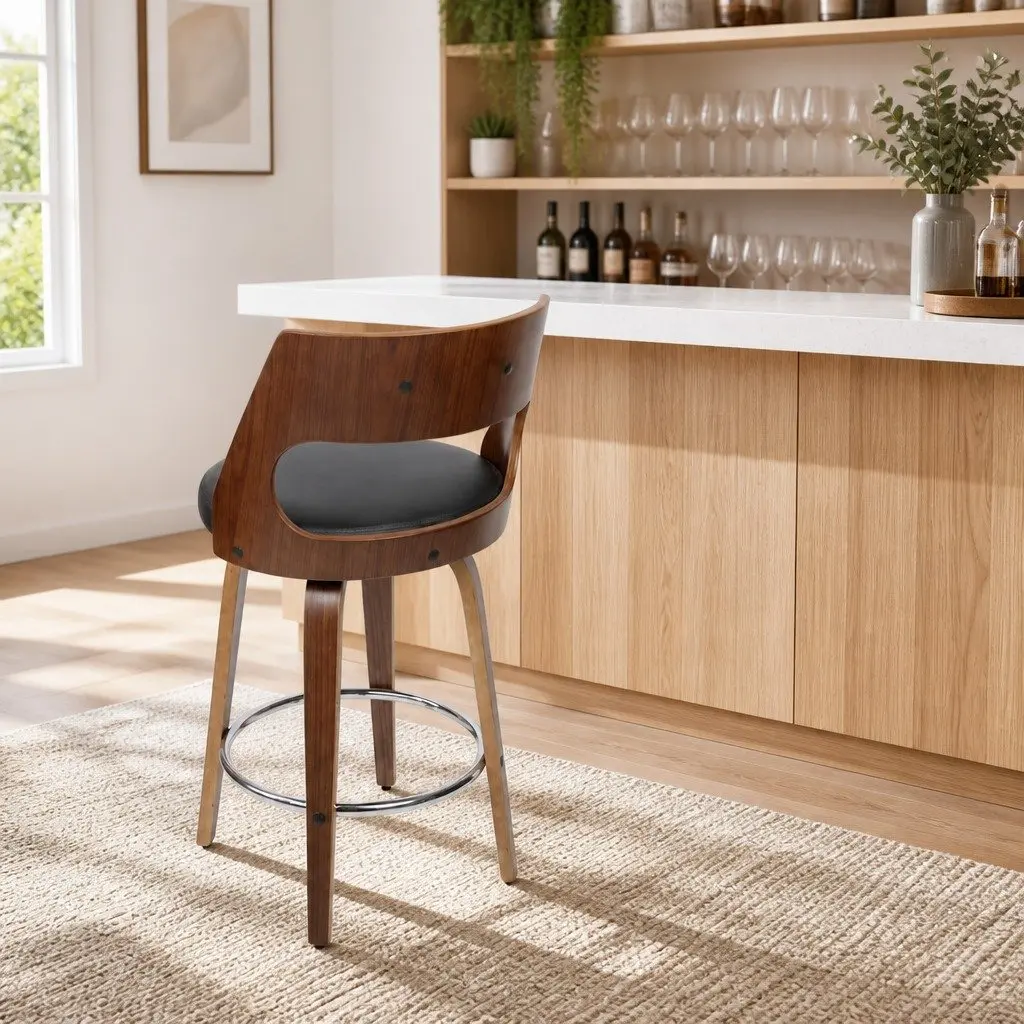 Bar Stools Swivel Chair Black PU Leather Seat Walnut Legs 92cm Height