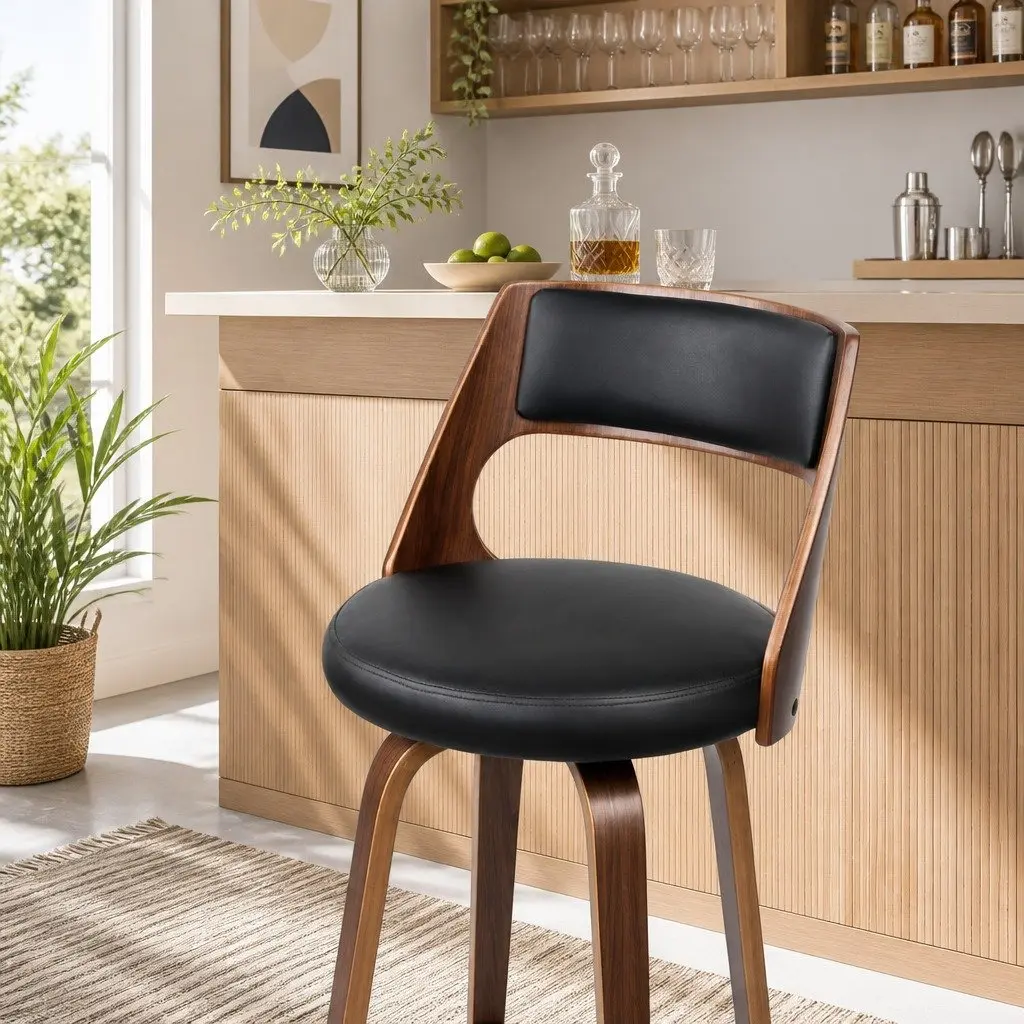 Bar Stools Swivel Chair Black PU Leather Seat Walnut Legs 92cm Height