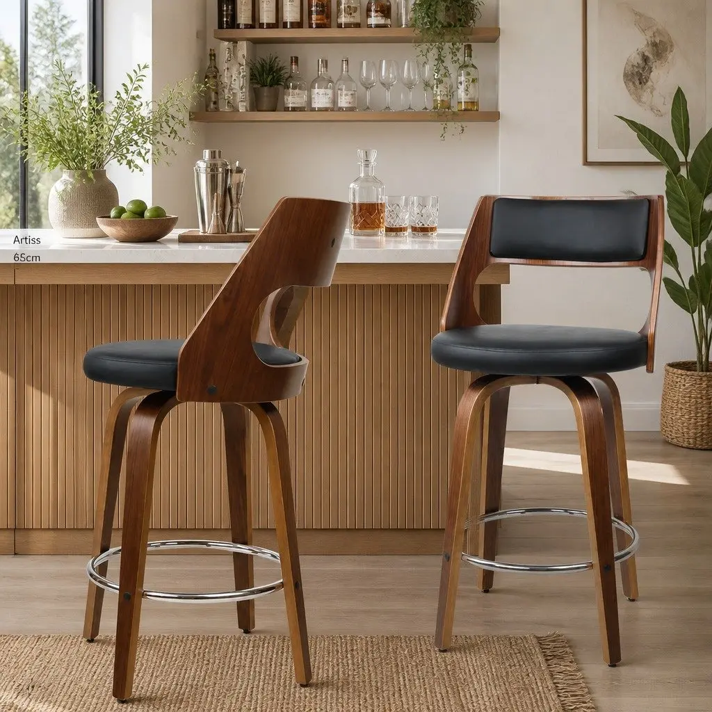 Bar Stools Swivel Chair Black PU Leather Seat Walnut Legs 92cm Height