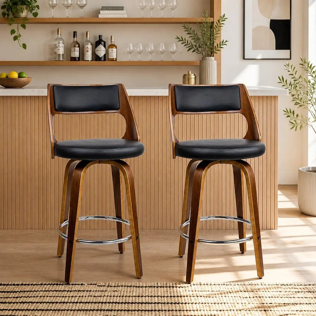 Bar Stools Swivel Chair Black PU Leather Seat Walnut Legs 92cm Height