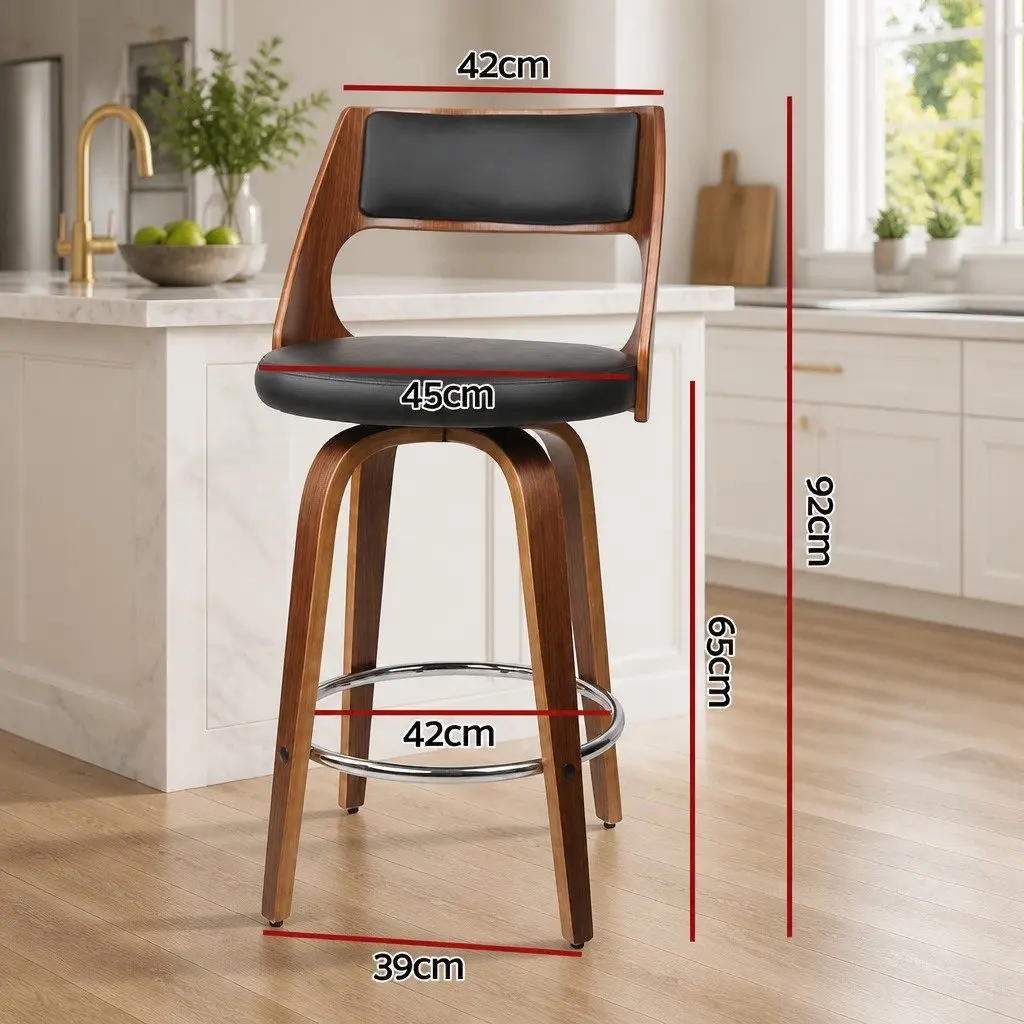 Bar Stools Swivel Chair 92cm Height Black Padded Seat Wooden Legs Chrome Footrest Set of 4