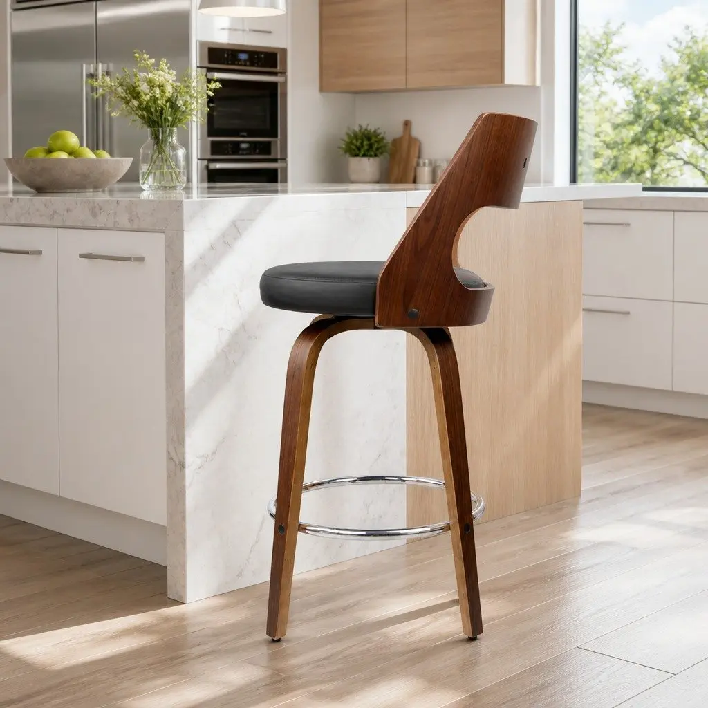 Bar Stools Swivel Chair 92cm Height Black Padded Seat Wooden Legs Chrome Footrest Set of 4