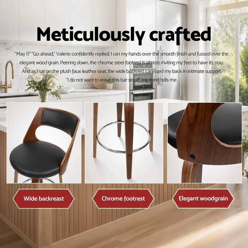 Bar Stools Swivel Chair 92cm Height Black Padded Seat Wooden Legs Chrome Footrest Set of 4