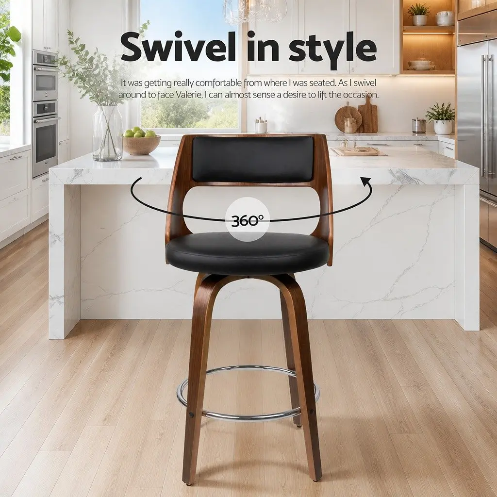 Bar Stools Swivel Chair 92cm Height Black Padded Seat Wooden Legs Chrome Footrest Set of 4