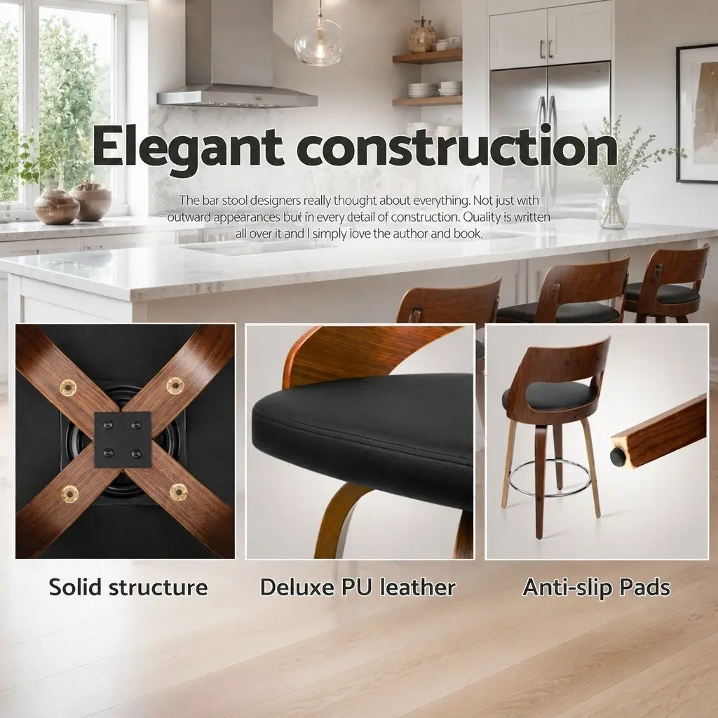 Bar Stools Swivel Chair 92cm Height Black Padded Seat Wooden Legs Chrome Footrest Set of 4