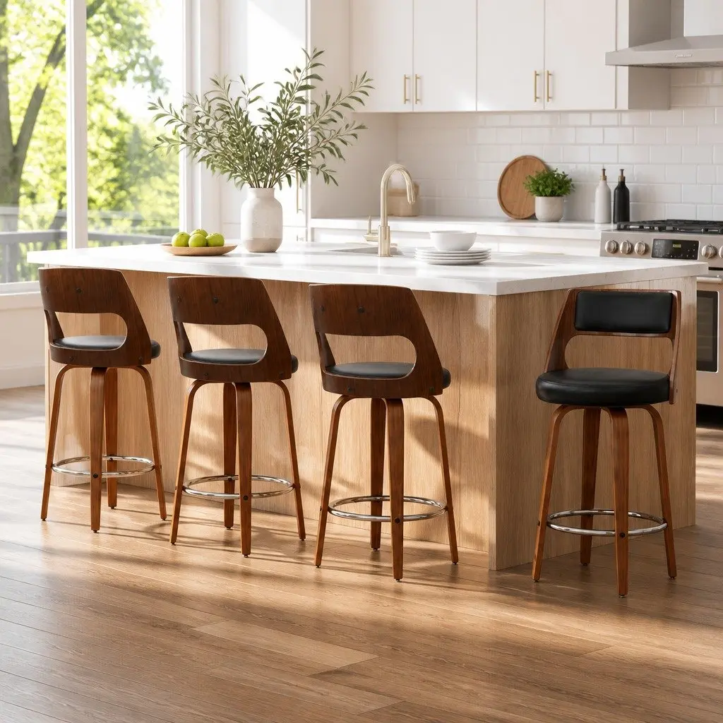 Bar Stools Swivel Chair 92cm Height Black Padded Seat Wooden Legs Chrome Footrest Set of 4