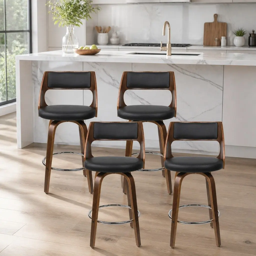 Bar Stools Swivel Chair Set Black PU Leather 76cm Seat Height Plywood Frame Chrome Footrest