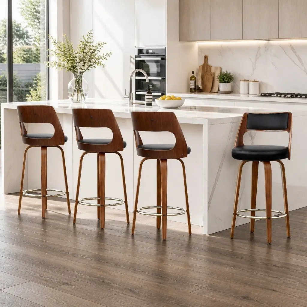 Bar Stools Swivel Chair Set Black PU Leather 76cm Seat Height Plywood Frame Chrome Footrest