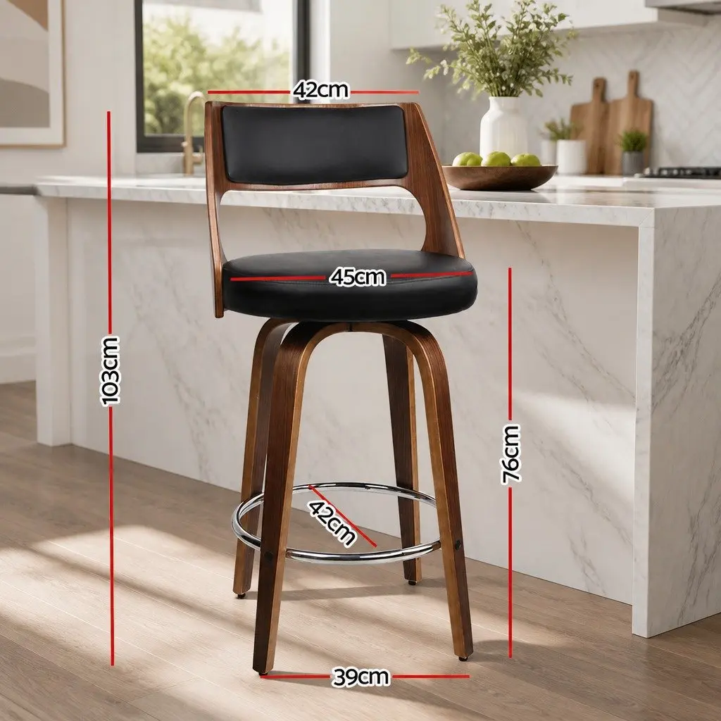 Bar Stools Swivel Chair Set Black PU Leather 76cm Seat Height Plywood Frame Chrome Footrest