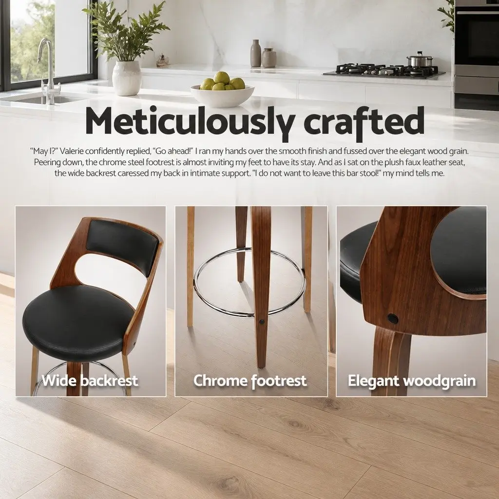 Bar Stools Swivel Chair Set Black PU Leather 76cm Seat Height Plywood Frame Chrome Footrest