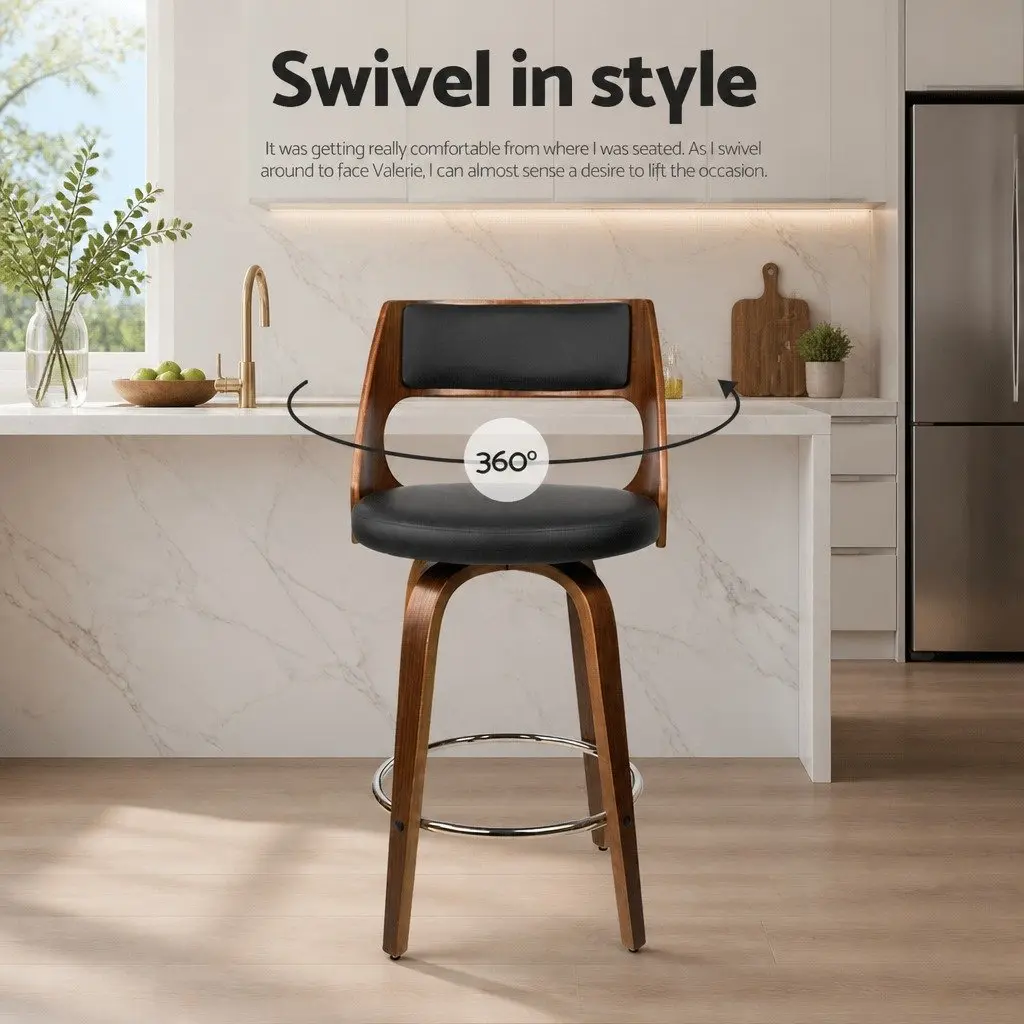 Bar Stools Swivel Chair Set Black PU Leather 76cm Seat Height Plywood Frame Chrome Footrest