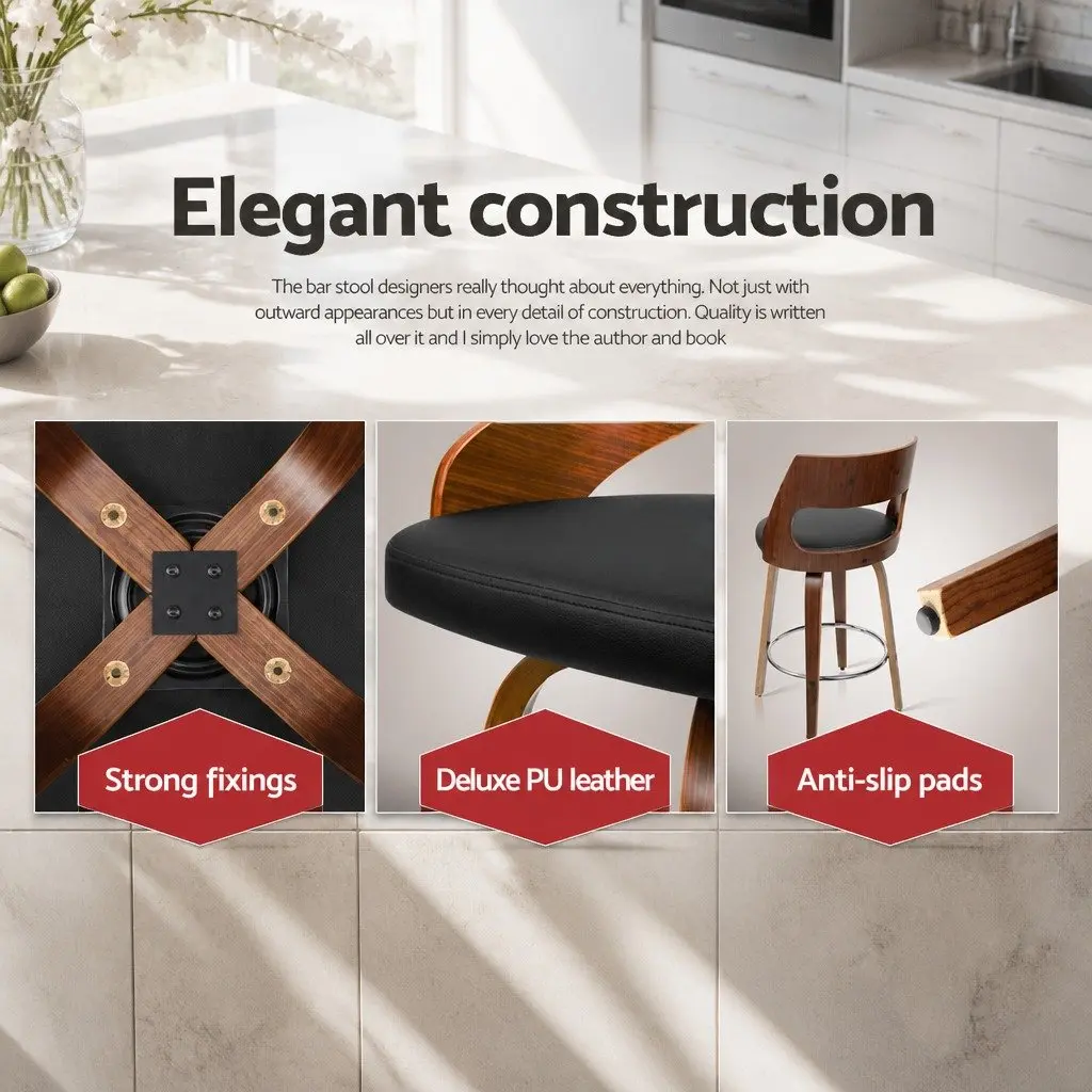 Bar Stools Swivel Chair Set Black PU Leather 76cm Seat Height Plywood Frame Chrome Footrest