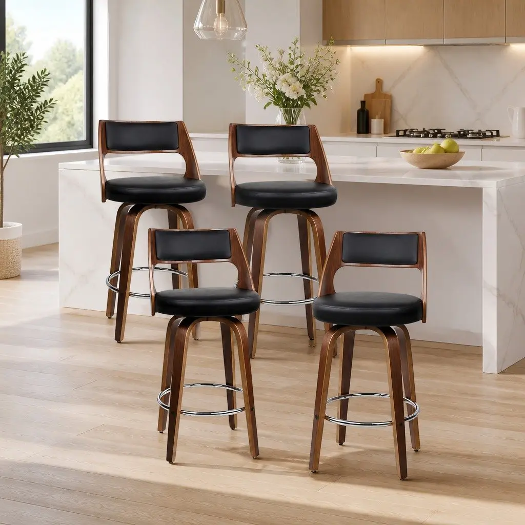 Bar Stools Swivel Chair Set Black PU Leather 76cm Seat Height Plywood Frame Chrome Footrest