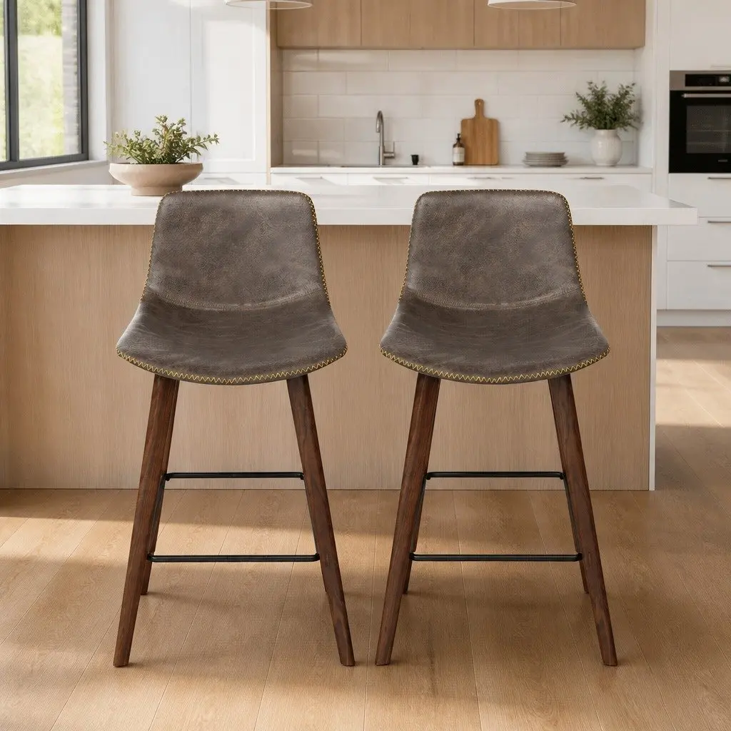 Bar Stools Wooden Backrest Brown Walnut 2 Piece Metal Footrest