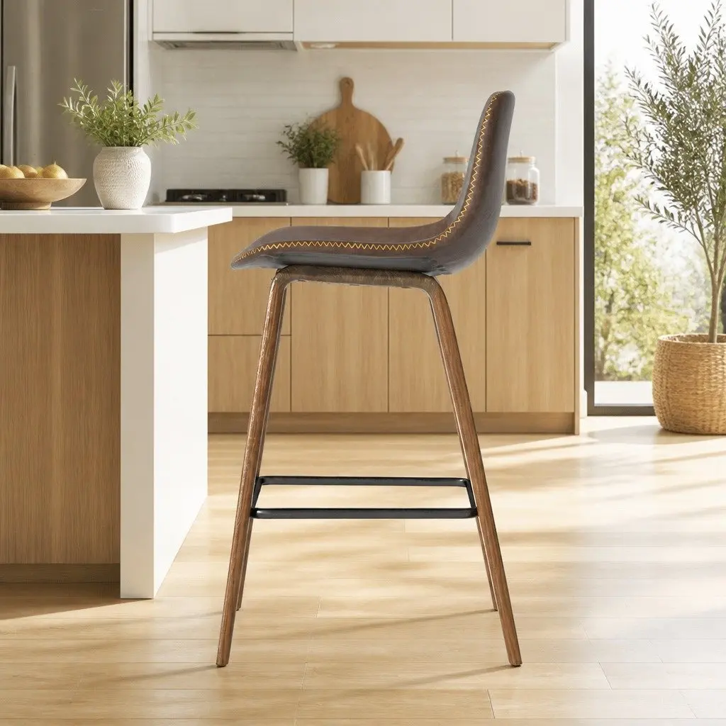 Bar Stools Wooden Backrest Brown Walnut 2 Piece Metal Footrest
