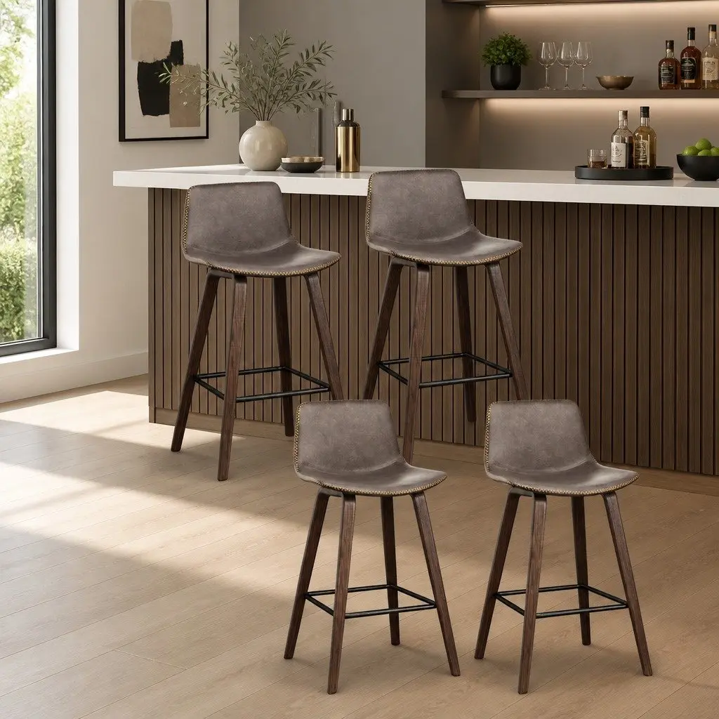 Bar Stools Mid-Height Brown PU Leather Padded Wooden Bentwood Set of 4