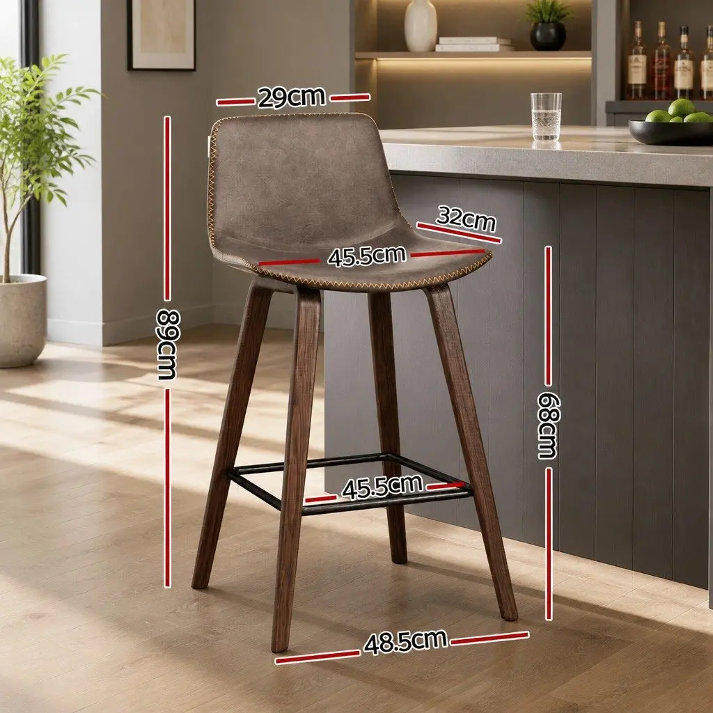 Bar Stools Mid-Height Brown PU Leather Padded Wooden Bentwood Set of 4