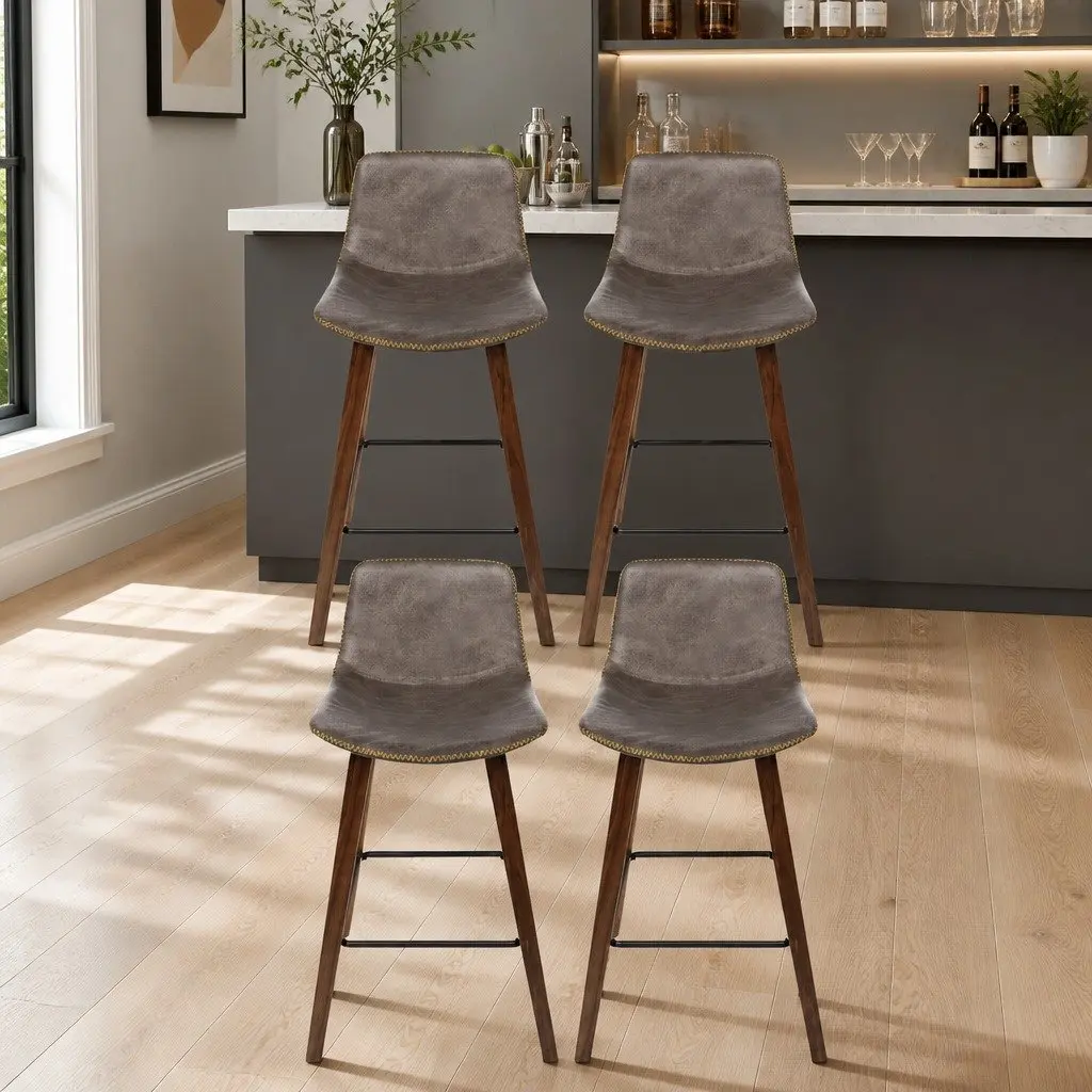 Bar Stools Mid-Height Brown PU Leather Padded Wooden Bentwood Set of 4