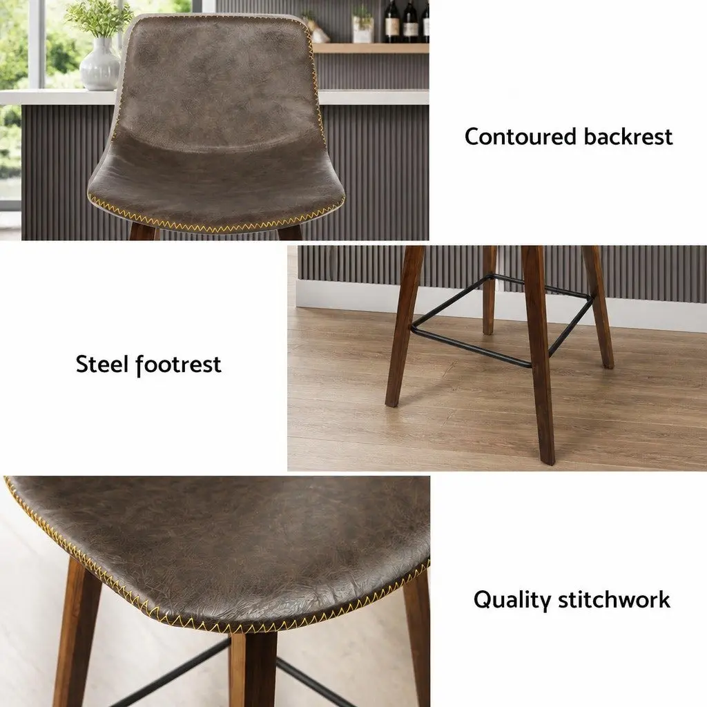 Bar Stools Mid-Height Brown PU Leather Padded Wooden Bentwood Set of 4