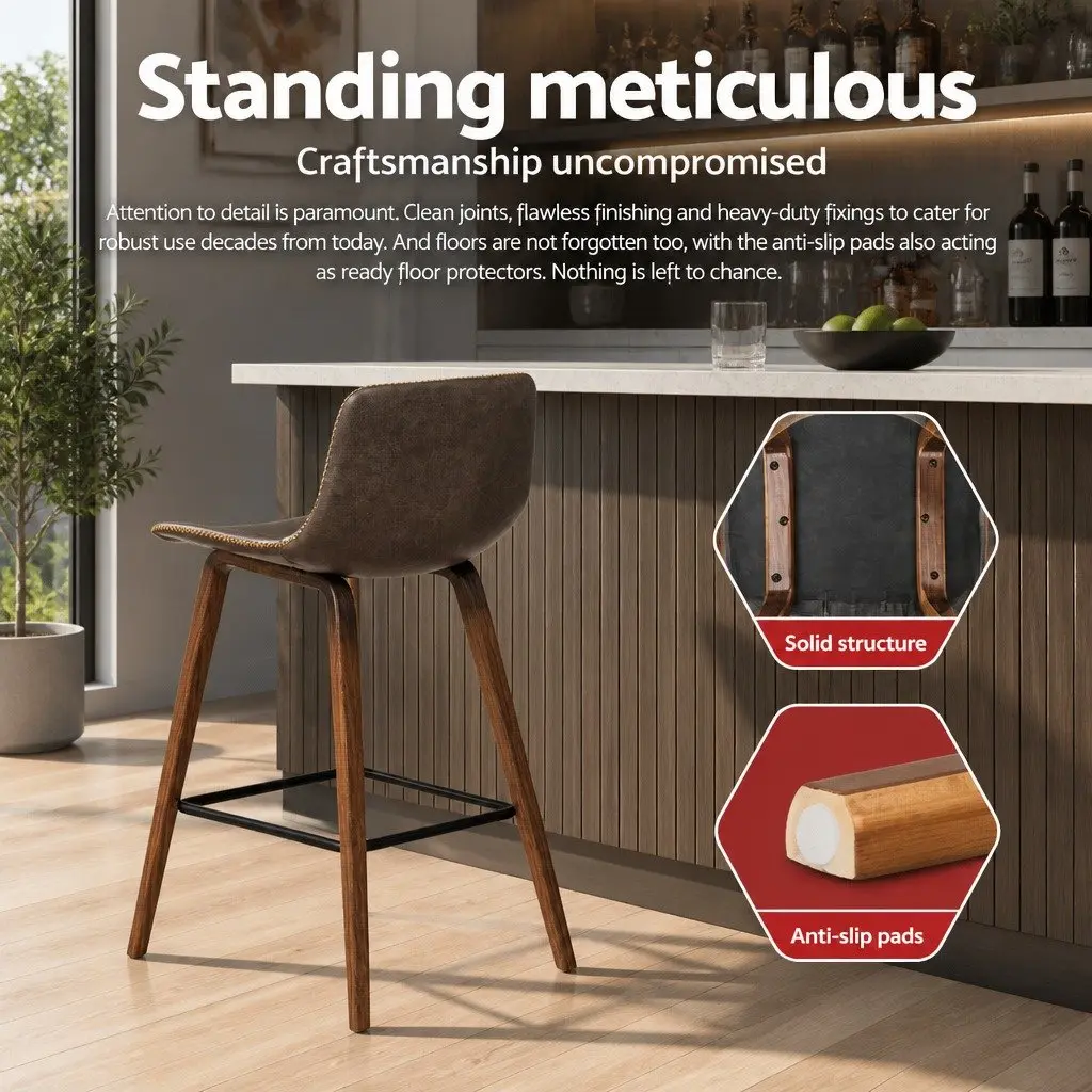 Bar Stools Mid-Height Brown PU Leather Padded Wooden Bentwood Set of 4