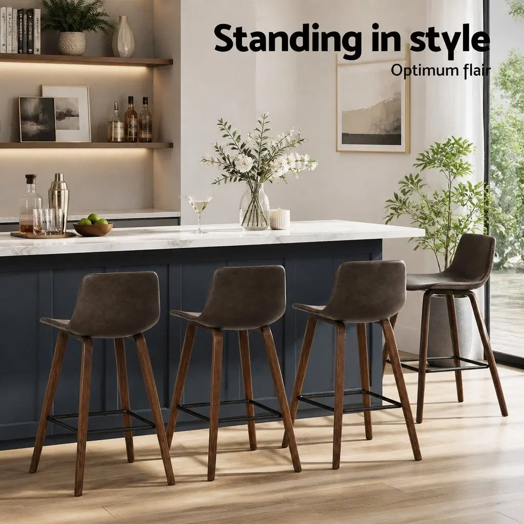 Bar Stools Mid-Height Brown PU Leather Padded Wooden Bentwood Set of 4