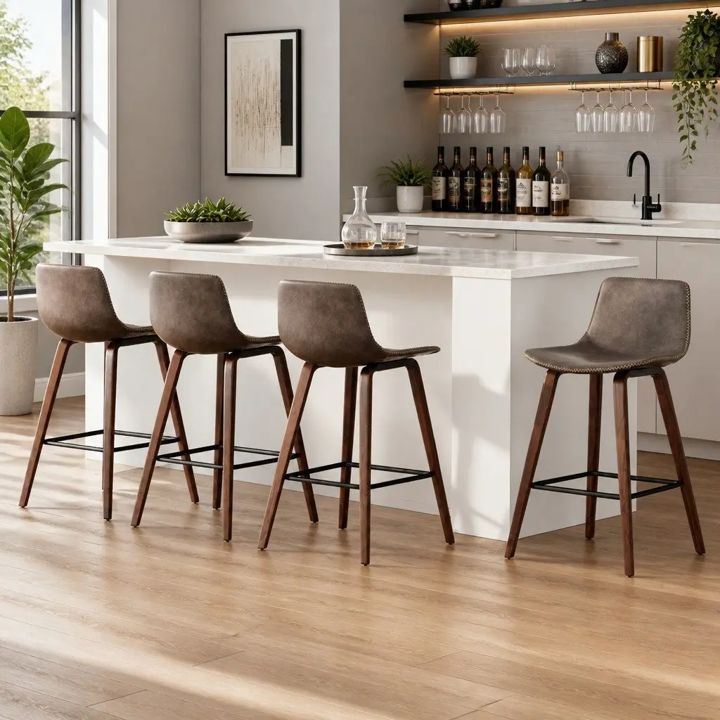 Bar Stools Mid-Height Brown PU Leather Padded Wooden Bentwood Set of 4