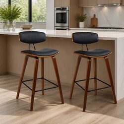 Set of 2 Black Bar Stools with Padded Leather Backrest