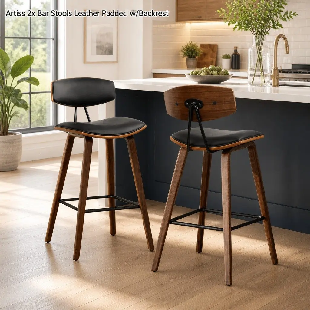 Set of 2 Black Bar Stools with Padded Leather Backrest