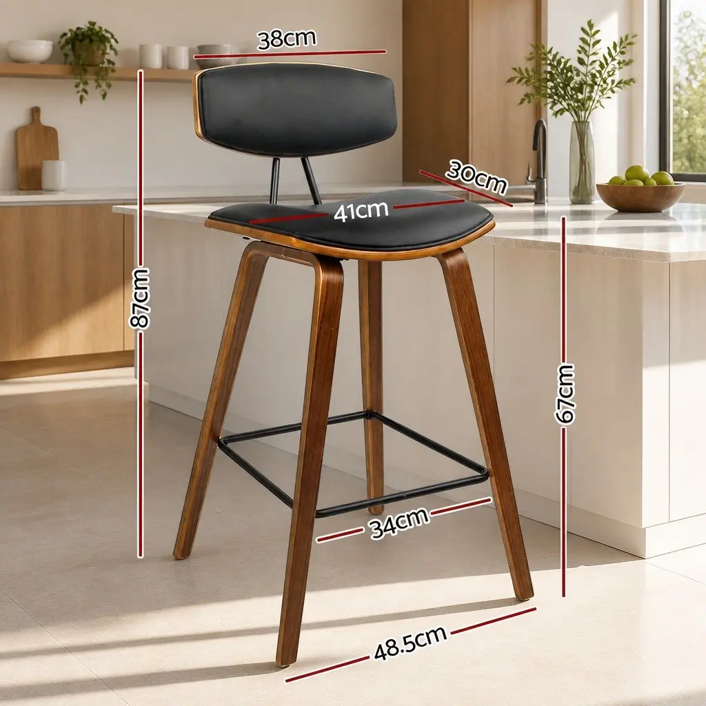 Set of 2 Black Bar Stools with Padded Leather Backrest