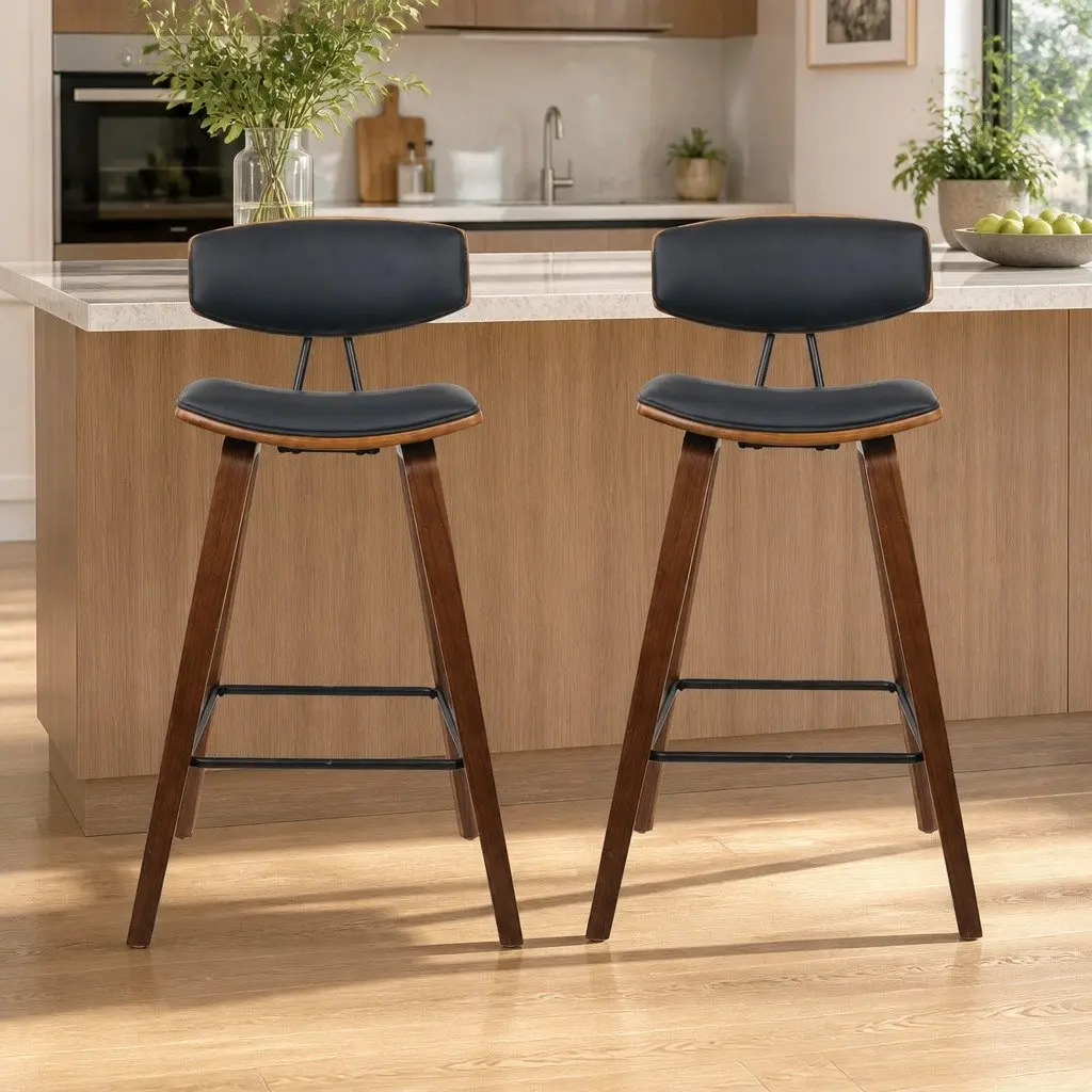 Set of 2 Black Bar Stools with Padded Leather Backrest