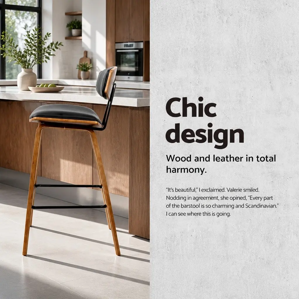 Set of 2 Black Bar Stools with Padded Leather Backrest