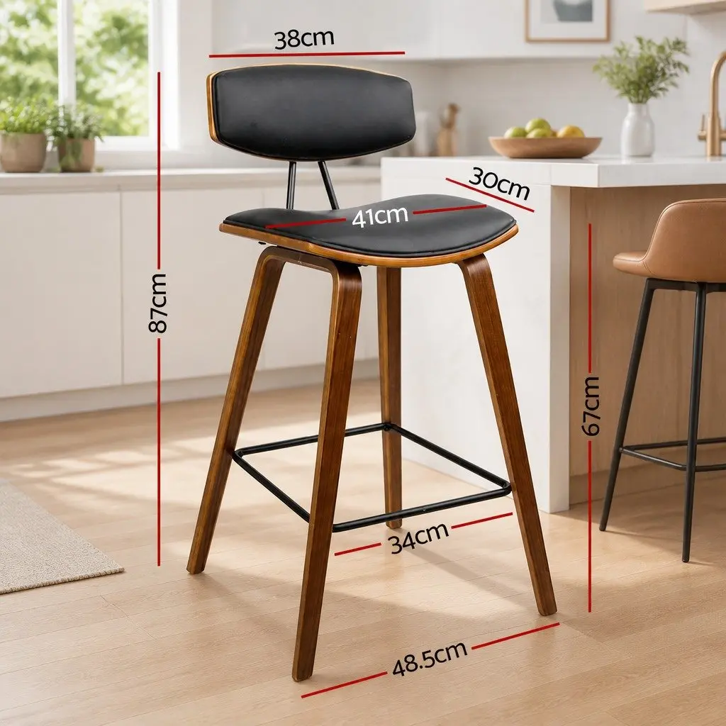 Bar Stools Wooden Frame Black Padded Seat Backrest Metal Footrest Set of Four