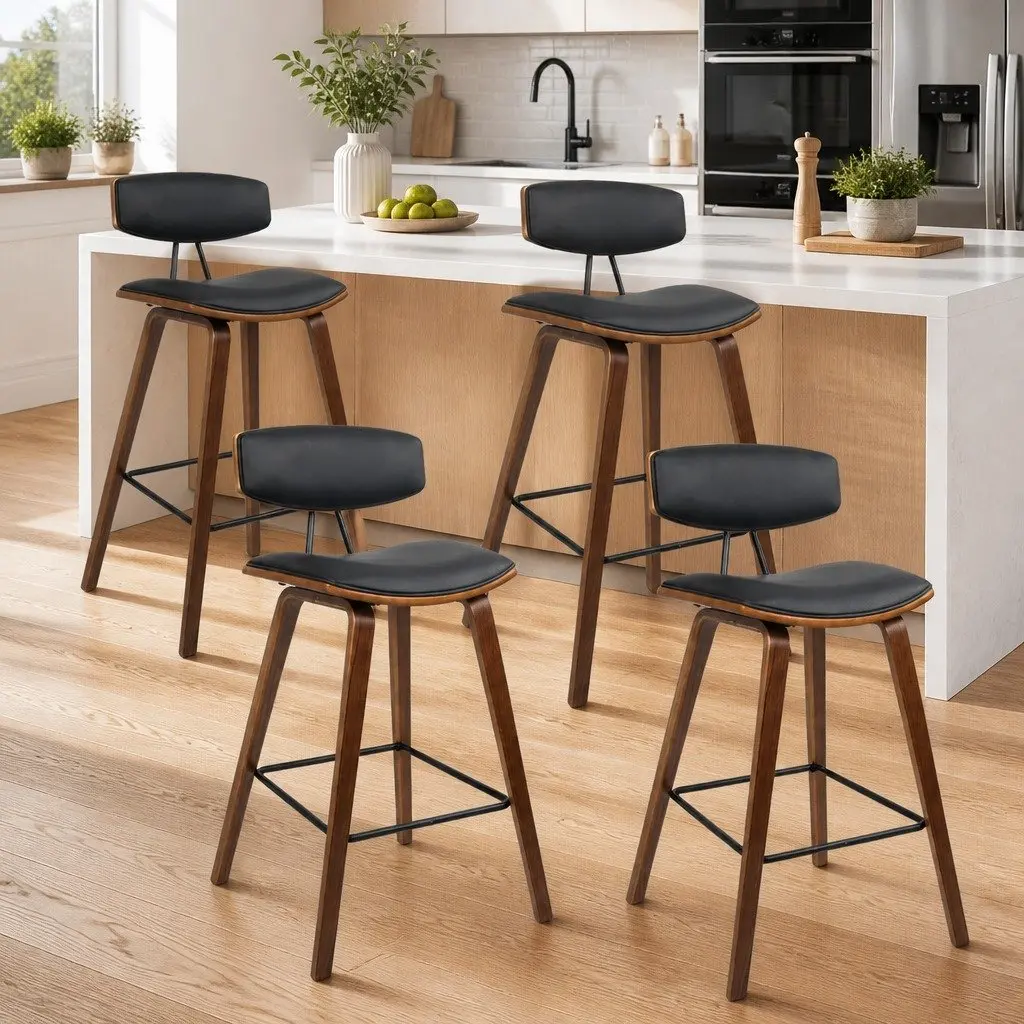 Bar Stools Wooden Frame Black Padded Seat Backrest Metal Footrest Set of Four