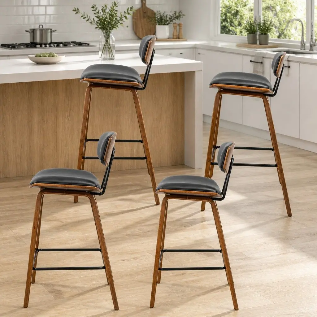 Bar Stools Wooden Frame Black Padded Seat Backrest Metal Footrest Set of Four
