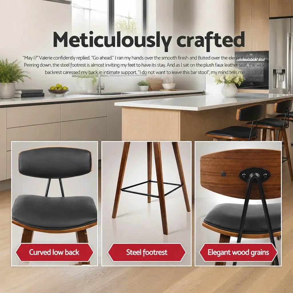 Bar Stools Wooden Frame Black Padded Seat Backrest Metal Footrest Set of Four