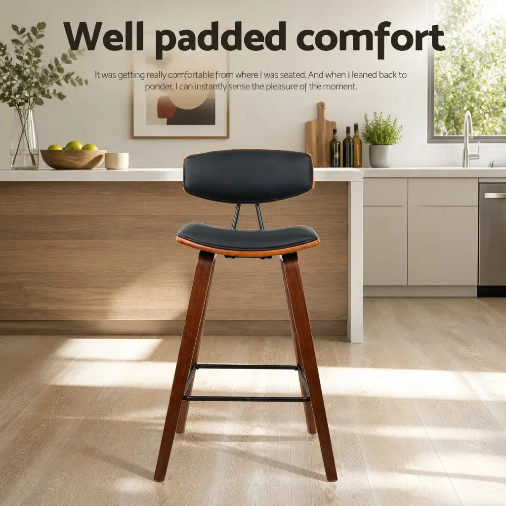 Bar Stools Wooden Frame Black Padded Seat Backrest Metal Footrest Set of Four