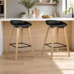 Set of 2 Black Bar Stools with Wooden Legs