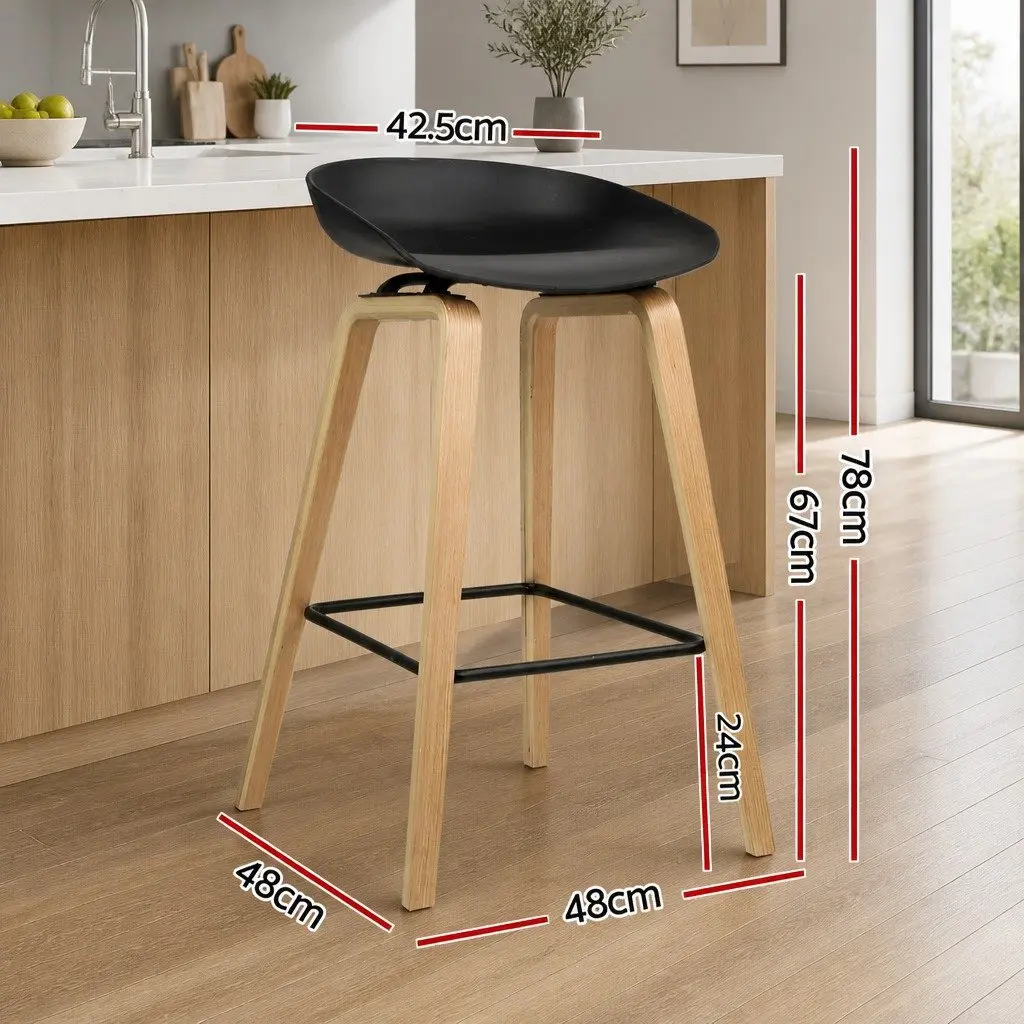 Bar Stools Black Wooden Legs PP Plastic Seat Metal Footrest 2 Piece